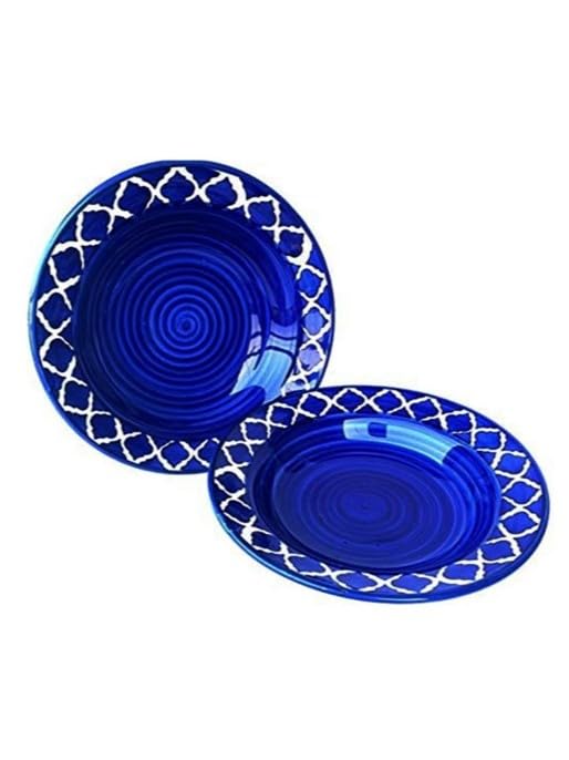 Image of Ceramic Side Plate Blue Moroccan Pasta Plate Serving Plates, Soup Plate for Serving Chowmine, Pasta, Snacks & Breakfast, Set of 2 Big Plates (Microwave & Dishwasher Safe)