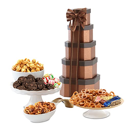 Tower of Sweet Gift Set – Fathers Day Gift Baskets, Birthday Gifts, Corporate, Get Well, Thank You, Mothers Day, Easter, or Any Holiday Occasion – Gourmet Baskets Food Gifts