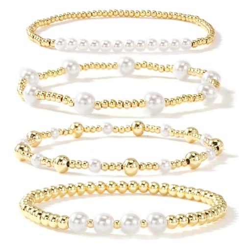 Dainty Gold Pearl Beaded Bracelet Stack for Women,4PCS Handmade Stretch Bohemian Gold Plated Beads Stackable Bracelets Trendy Prom Jewelry Gift Friendship