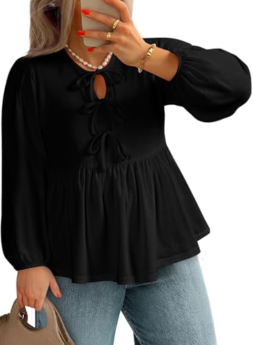 AlvaQ Plus Size Fall Tops Winter Clothing for Women 2025 Front Tie Bow Blouses Cute Puff Sleeve Round Neck Babydoll Shirts,Black 2X