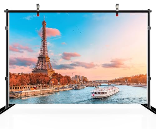 CHNYWORK 17x10ft Eiffel Tower Backdrop France Paris Autumn Seine River Cruise Ship Sunset Scenery Background European France Travel Party Decoration Portrait Photo Booth Studio Props Wallpaper