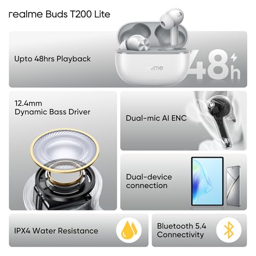 Image of realme Buds T200 Lite Bluetooth in Ear Earbuds,4 Mic, AI ENC for Calls,48 Hours Total Playback with Fast Charging and Ultra Low Latency Gaming TWS,Google Fast Pair,with mic (Storm Grey)