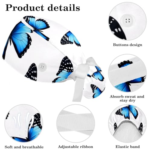 Image of Colored Butterflies Scrub Caps Women Ponytail, Adjustable Bouffant Surgical Caps with Button, Nurse Hats Long Hair
