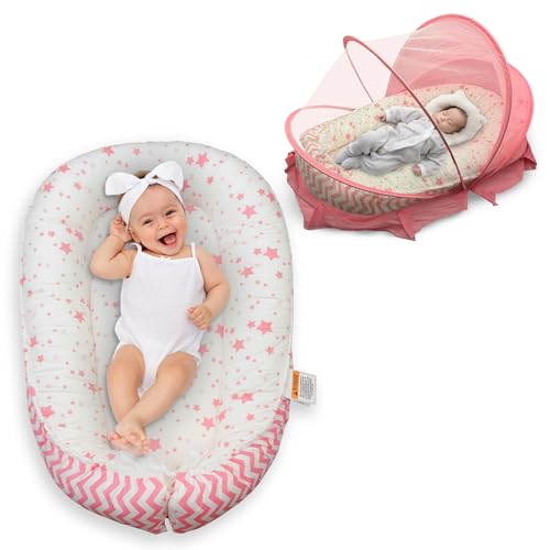 Image of Elysium Products Baby Lounger for Newborn 0-24 Months, with Mosquito Net, Breathable & Soft Baby Nest, Portable & Lightweight (Pink)