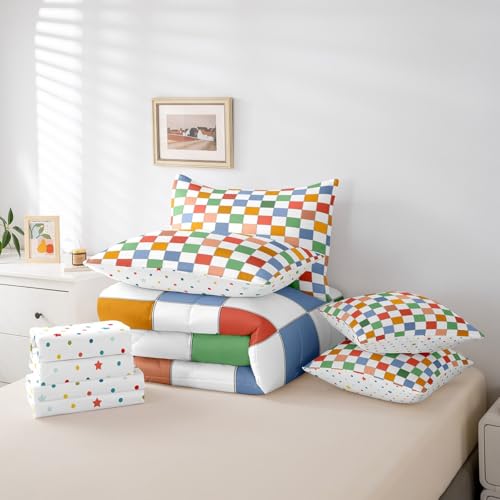 Image of Erosebridal Retro Checkered 7 Piece Bed in A Bag with Sheets Queen Vintage 60S 70S Funky Geometric Plaid Bedding Set Retro Checkerboard Grid Comforter Set for Kids Adults Groovy Aesthetic Bed Set