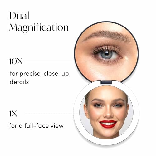 Image of Fancii Taylor LED Lighted Travel Makeup Mirror, Rechargeable with 10x /1x Magnifying & 3 Light Settings - Compact, Portable, Large 5 inch Wide Hand Mirror for Handbag and Purses (Black)