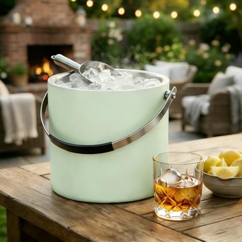 3.2L Eiswürfelbehälter mit Deckel und Schaufel, Edelstahl Eiskübel Doppelwandiger Isolierter Eisbehälter für Cocktailbar und Partys (Mintgrün)