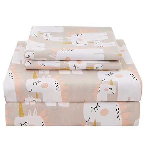 JSD Juego de sábanas impresas de unicornio rosa para niños, tamaño completo, 4 piezas con patrón de microfibra suave para niñas, bolsillo profundo