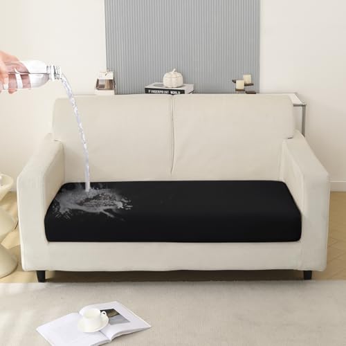 Image of HOKIPO Polyester 100% Waterproof 140GSM Stretchable Sofa Seat Cushion Cover 2 Seater, Black (AR-5353-BLK)