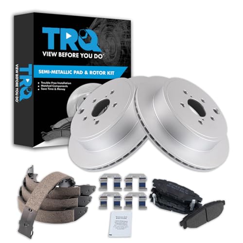 Image of TRQ Rear Brake Pad and Rotor Set Semi Metallic G Coated Rotors Parking Brake Shoe Compatible with 2013-2014 Subaru Legacy 3.6R Limited 3.6R