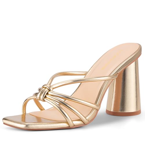 LOOPCHARM Womens Strappy Square Open Toe Slip On Block High Heels Sandals 3.5 Inch Mule Style Dress Shoes for Party Wedding Gold Pu 7