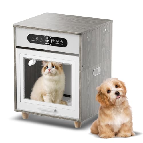 UNICOO® 3-in-1 Automatic Pet Drying Box, Grooming Dryer, Multifunction Ozone Freshener, Pet House, Storage Box, Ultra Quiet 360° Drying, Smart Temp Control, 58L for Cats & Dogs (Maple & Gray)