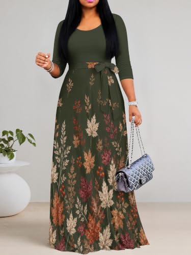 Image of PinkPatty Women's Plus Size Maxi Dresses Casual Flowy 3 /4 Sleeves Dress Printed Vacation Dress for Daily Wear with Belt