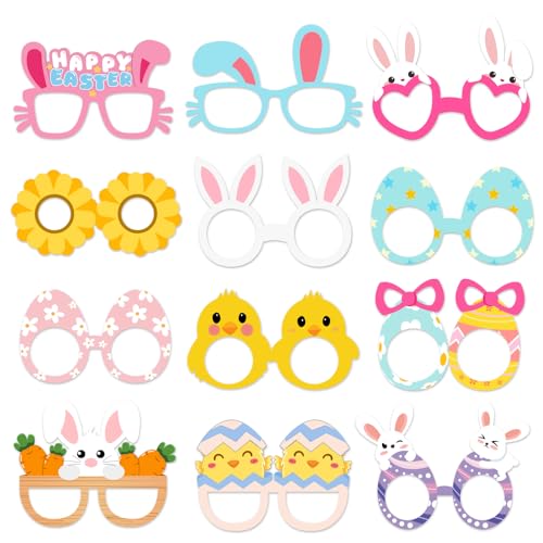 CMUSKO Easter Party Paper Glasses - 12Pcs Bunny Chicks Easter Eggs Themed Photo Booth Props Paper Eyeglasses for Spring Happy Easter Party Supplies for Adults