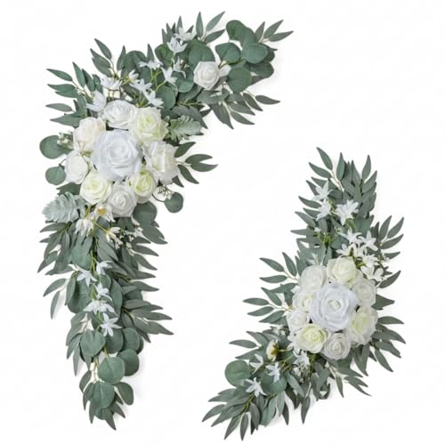 Kit de Fleurs pour Arche de Mariage, 2 pièces, Butin Floral Blanc avec Feuillage Gris-Vert pour Toile Fond Mariage et Panneaux Bienvenue, décoration Florale