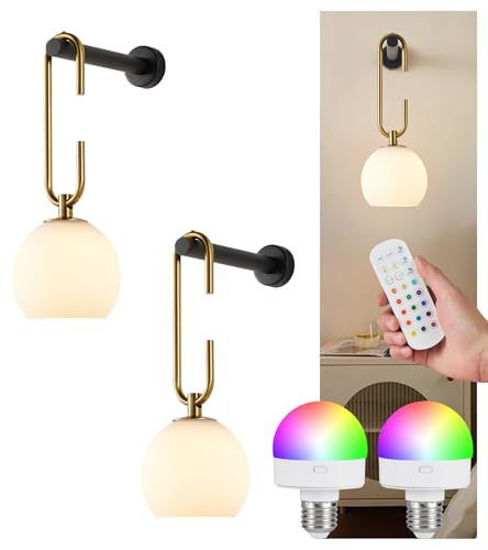 Image of Wireless Wall Sconces Set of 2, Battery Operated Wall Light with Remote, Indoor Wall Lights with Frosted Shade & Dimmable 12RGB Colors Light Bulbs for Bedroom Living Room Hallway(Mix)