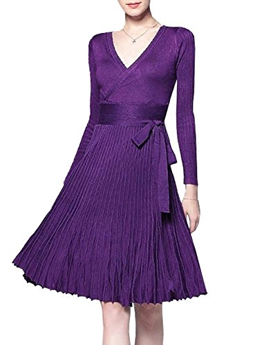 R.Vivimos Women's Autumn Long Sleeve V Neck Elegant Knitted Slim Knee-Length A-Line Sweater Dress (Small, Dark Purple)