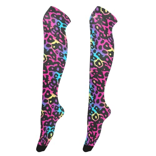 Neon Colorful Leopard Print Knee-High Socks Women Anti Slip High Thigh Socks for Pregnant Women for Proms Shoe Size 5-8/8-11