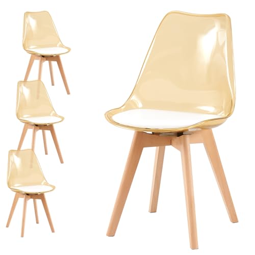 Rensinnoal Transparente Stuhl 4 Stück Set, Modernen Esszimmerstuhl mit Bequemer Rückenlehne und Weichem Sitzkissen,Küchenstuhl Eignen Sich für Restaurants, Büros und Cafés(Bernsteinfarbe)