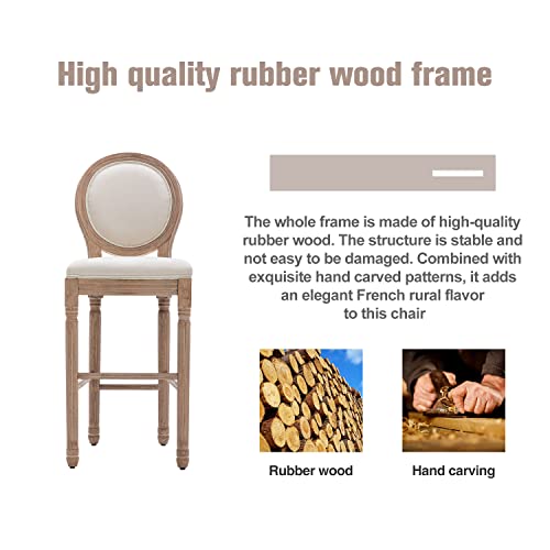 Image of Virabit Counter Height Bar Stools Set of 2, French Country Bar Stool with Solid Wood Frame and Upholstered Seating, Vintage Bar Chair (Beige)