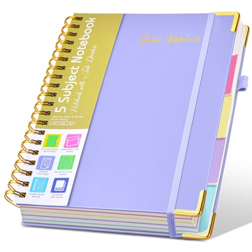 Hardcover Spiral Notebooks for Work, 5 Subject Notebook College Ruled with Dividers Tabs, Lined Organizer Notebook Journal for women, 8