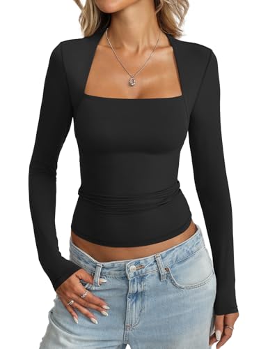 Womens Double Lined Long Sleeve Tops Sexy Square Neck Shirt Going Out Tops Fitted Y2K Fashion Fall Tees 2025