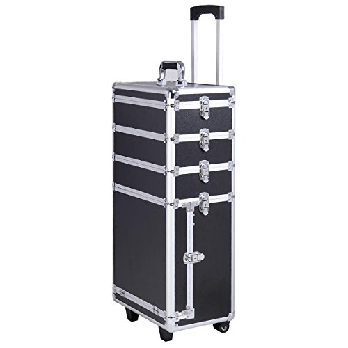 Comie 4 in 1 Pro Aluminum Rolling Makeup Case Salon Cosmetic Box Organizer Trolley Train Case Wheeled Artist Travel