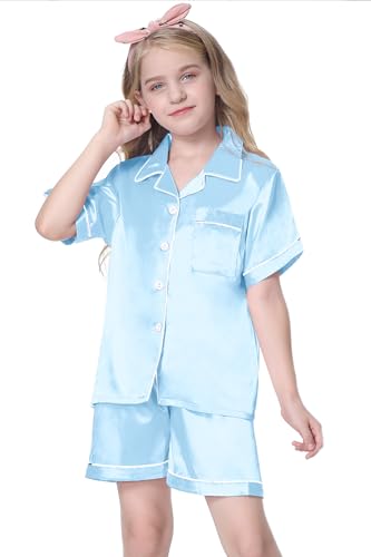 Image of Schbbbta Girls Womens Pajamas, Satin Silky Pjs Set Kids 2Pcs Button-Down Nightwear Sleepwear Gift for Mommy and me