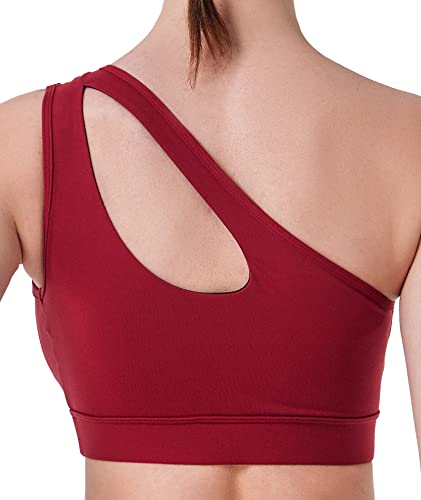 LEOQ One Shoulder Sports Bra for Women, Strappy Padded Sports Bra Yoga Tops with Removable Cups (2030 Red M) - Image 3