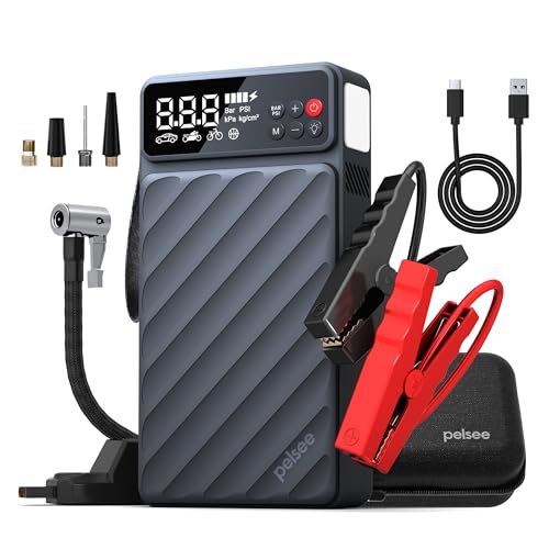 Pelsee 3500A Jump Starter with Air Compressor, 20000mAh Portable Car Battery Jump Starter, 45W Fast Charge, 12V Battery Pack(10L Gas 8L Diesel Engine)with Tire Pressure Monitor, Light,Jumper Cables,E1