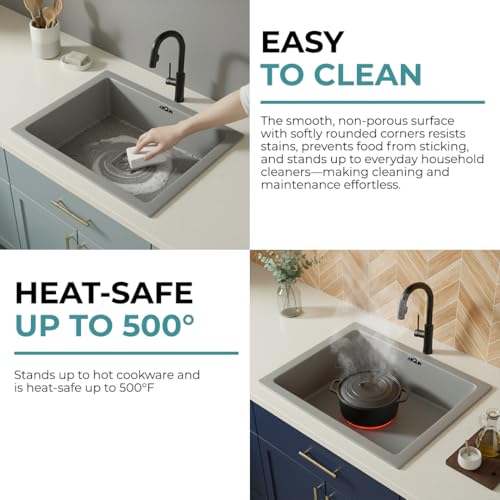Image of ARQUIN Quartz Kitchen Sink 21x18x9 Inch Grey | Single Bowl Sink | Durable & Scratch-Resistant | Undermount /Topmount Including Coupling, Waste Pipe & Fruit Washing Basket