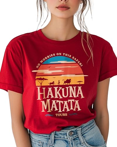 Image of Hakuna Matata Tours Character Unisex T-Shirt|Cartoon Vintage Graphic Tee|Perfect for Vacation & Casual Wear (3XL, Solid Red Blend)