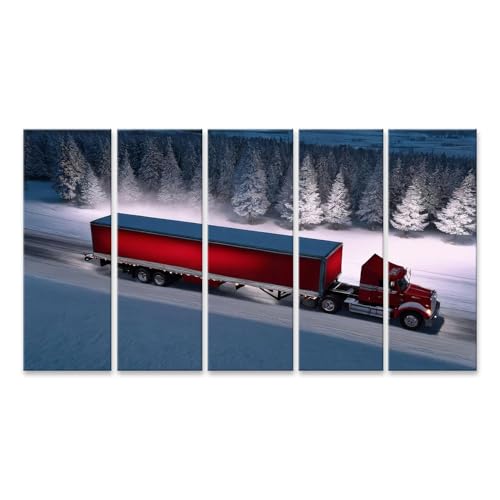 islandburner Bild auf Leinwand LKW auf verschneiter Straße umgeben von Winterwald bei Dämmerung Transportkonzept Bilder Wandbilder Poster