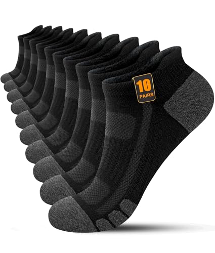 FORVEVO Trainer Socks for Men 9-12, Breathable Cotton Ankle Socks, Anti-Blister Thick Cushioned Running Sock, Short Athletic Sports Sock for Men Women 10 Pairs (Black, L)