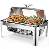 Garvee Chafing Dish Edelstahl Speisewärmer mit Roll-Top Deckel, 1/1 GN Behälter Buffetwärmer Set für Gastronomie & Catering, Warmhaltebehälter für Partys & Events, Rechteckig, Silber glänzend