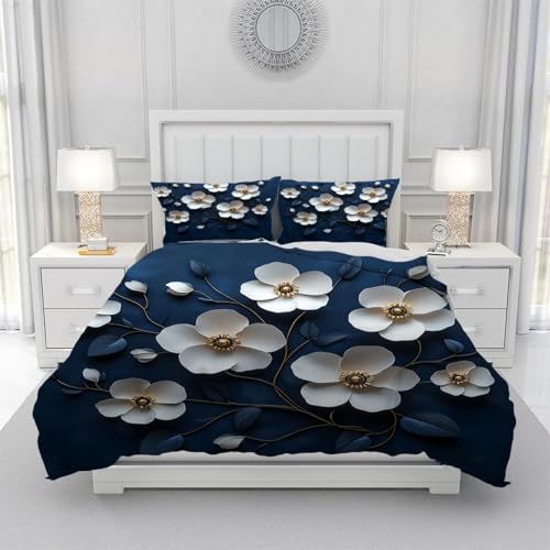 Parure de lit à fleurs bleu marine linge de lit 160x200 3 pièces