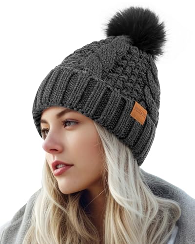 PIOZAED Damen Wintermütze mit Bommel, warm und gemütlich, Strickmütze, Fleecefutter, Totenkopfmütze für Damen, Grau
