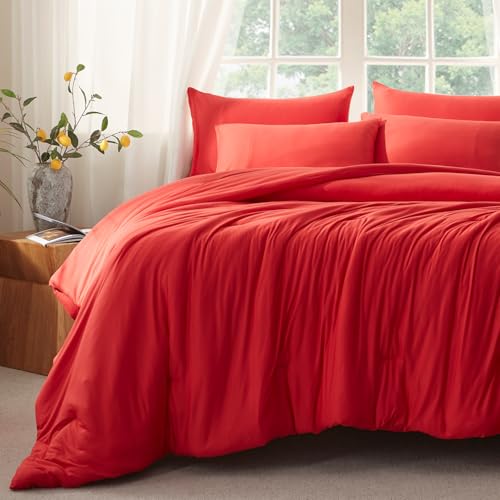 Image of Full Size Comforter Set, Comforters Full Size Luxury Ultra-Soft Jersey Knit Bedding Sets, Red Lightweight Down Alternative Bed Comforter for All Season, 3 Piece Bedding Set