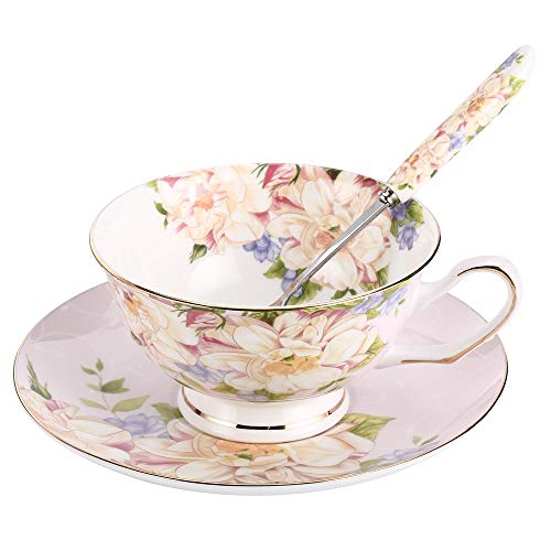 JinGlory Pink Tea CupFloral Tea Cup and Saucer SetBone China Tea SetCoffee CupTea Set for AdultsFriendsWomenMen7OZ