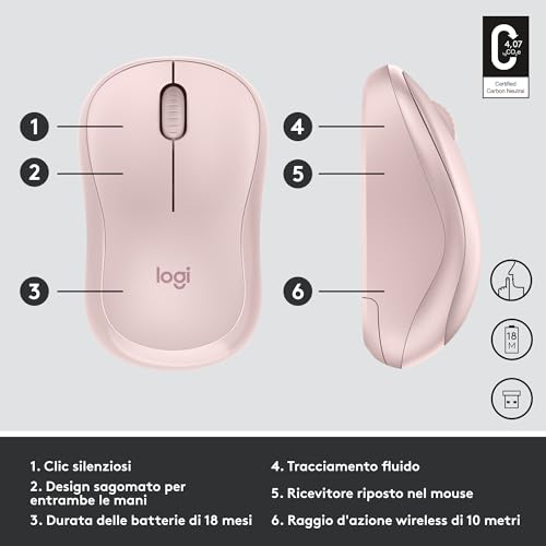 M220 SILENT Mouse Wireless, 2,4 GHz con Ricevitore USB, Tracciamento Ottico 1000 DPI, Durata Batteria di 18 Mesi, Ambidestro, Compatibile con PC, Mac, Laptop - Rosa - Mouse gaming - Immagine 5