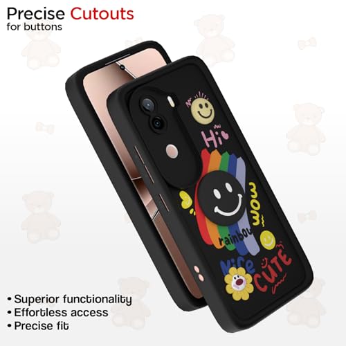 Image of Pikkme Back Cover for iQOO Z9s 5G / Vivo V40e 5G | Soft Silicone| Cute Rainbow Smile & 3D Cartoon Flower Design | Shockproof Raised Camera Protection Bumper Case (Black)