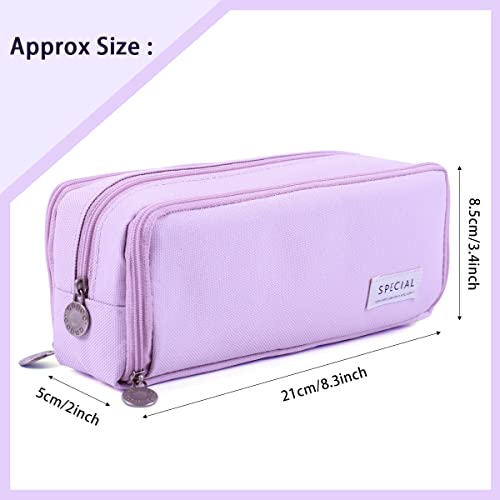 Image of MAMUNU Large Capacity Pencil Case, 3 Compartments Canvas Pencil Pouch with Zipper, Aesthetic Pencil Bag Pen Pouch for School Office Students Teen Girls Boys, Purple