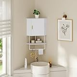 MAHANCRIS Bathroom Wall Cabinet, Corner Wall Mount Medicine Cabinet with Adjustable Shelf & Towel Bar, 3-Tier Over Toilet Storage Cabinets for Bathroom Laundry Room Kitchen, for Small Space, White