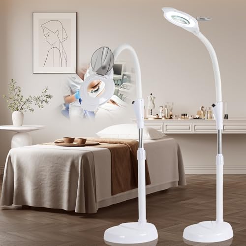 KALVISH 10X Magnifier Esthetician Light 2500 Lumens Flexible Gooseneck Stepless Dimmable LED Lighted Standing Mag Lamp for Eyelash Extensions Tattoo Crafts Nail Art Lash & Facials