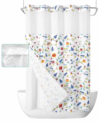Image of Teamery No Hook Shower Curtain, Christmas Tree Snowman Snowflake Stocking Winter White Colored Curtain Liner Set See-Through Top Double Layers Fabric Shower Curtains for Bathroom Decor, 36" x 72"