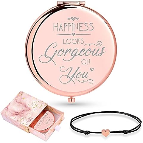 Stocking Stuffers for Women - Compact Pocket Mirror with Positive Quote & String Bracelet - Unique Best Friend Birthday Gifts for Womens, Mom, Daughter, Sister - Small Idea for Mother Cover