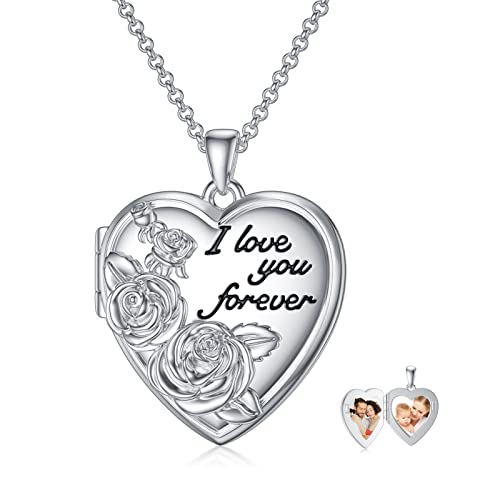 ROMANTICWORK Collier Photo Médaillon en Argent Sterling 925 Pendentif Porte Photo Collier Médaillon Rose Coeur Bijoux Rose Cadeaux Anniversaire pour Femme Fille