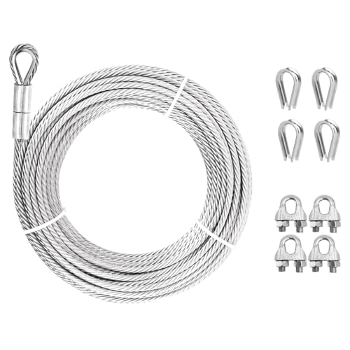 1/4" Steel Cable, Sunuwk 10Ft 7x19 Strand Aircraft Cable with Loops, 6400 Lbs Breaking Strength Heavy Duty Wire Rope with Clamps and Thimbles, for Zipline, Fencing, Sunshade, Deck Railing