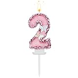 3 X 2 Inch Birthday Number Candles, Glitter Number Candles Pink Butterfly Birthday Candles Cake Topper with Sequins for Anniversary Celebrations Supplies (Number 2)