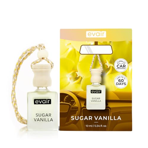 Image of Evair Sugar Vanilla Car Air Freshener | Hanging Car Perfume with Essential Oils | Long-Lasting Aroma in Glass Bottle with Wooden Diffuser Lid | 10ml Hanging Car Scent (Pack of 1)